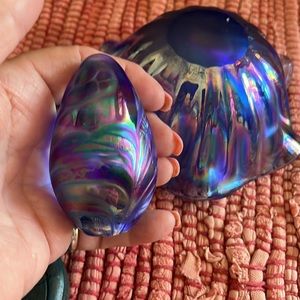 5 inch length 3 inch height glass bowl with iridescent blue paperweight egg